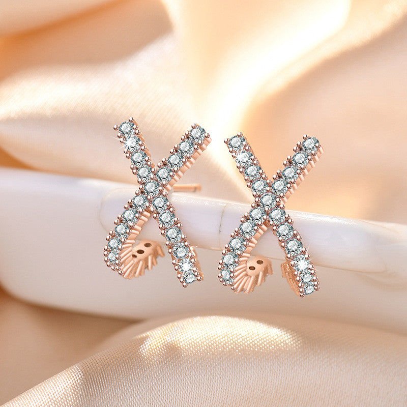 Jewels Galaxy Rose Gold Plated American Diamond Studded Cross Shape Korean Stud Earrings