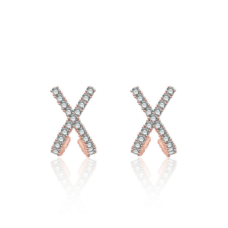 Jewels Galaxy Rose Gold Plated American Diamond Studded Cross Shape Korean Stud Earrings