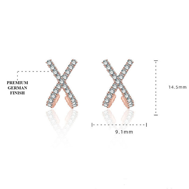 Jewels Galaxy Rose Gold Plated American Diamond Studded Cross Shape Korean Stud Earrings