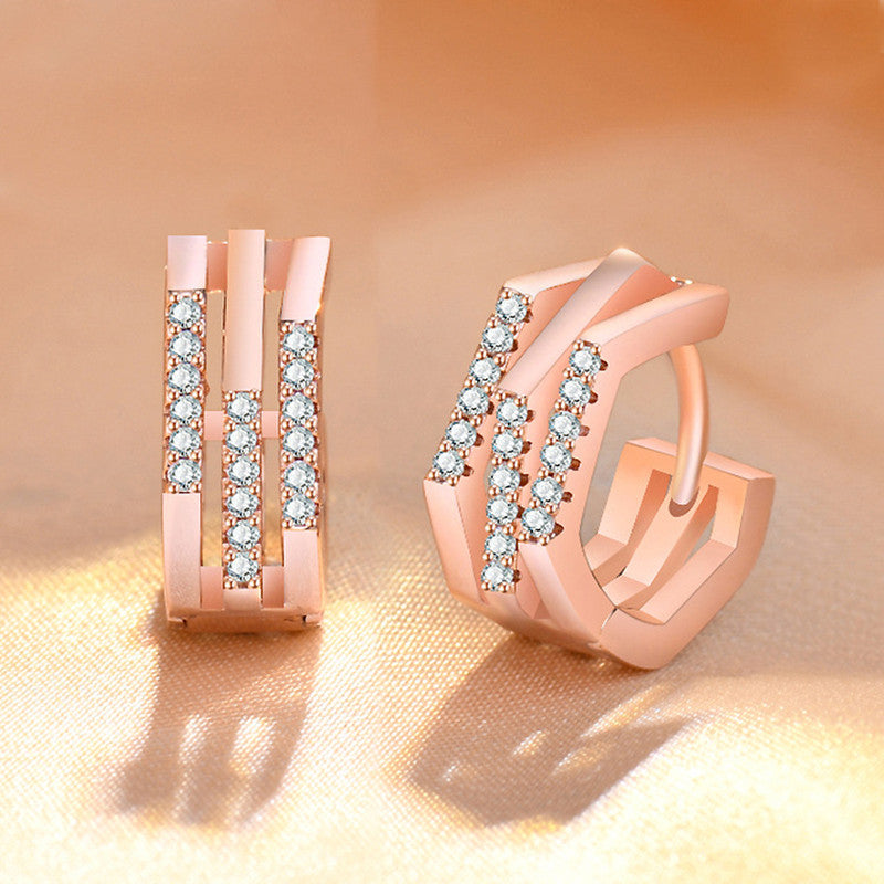 Jewels Galaxy Rose Gold Plated American Diamond Studded Geometric Korean Hoop Earrings