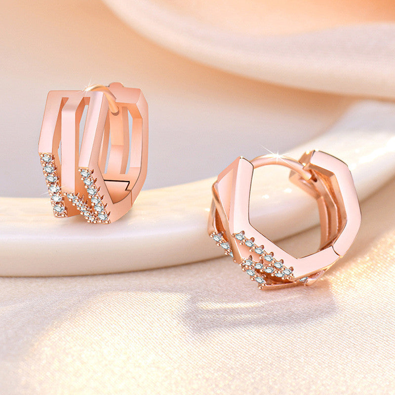 Jewels Galaxy Rose Gold Plated American Diamond Studded Geometric Korean Hoop Earrings