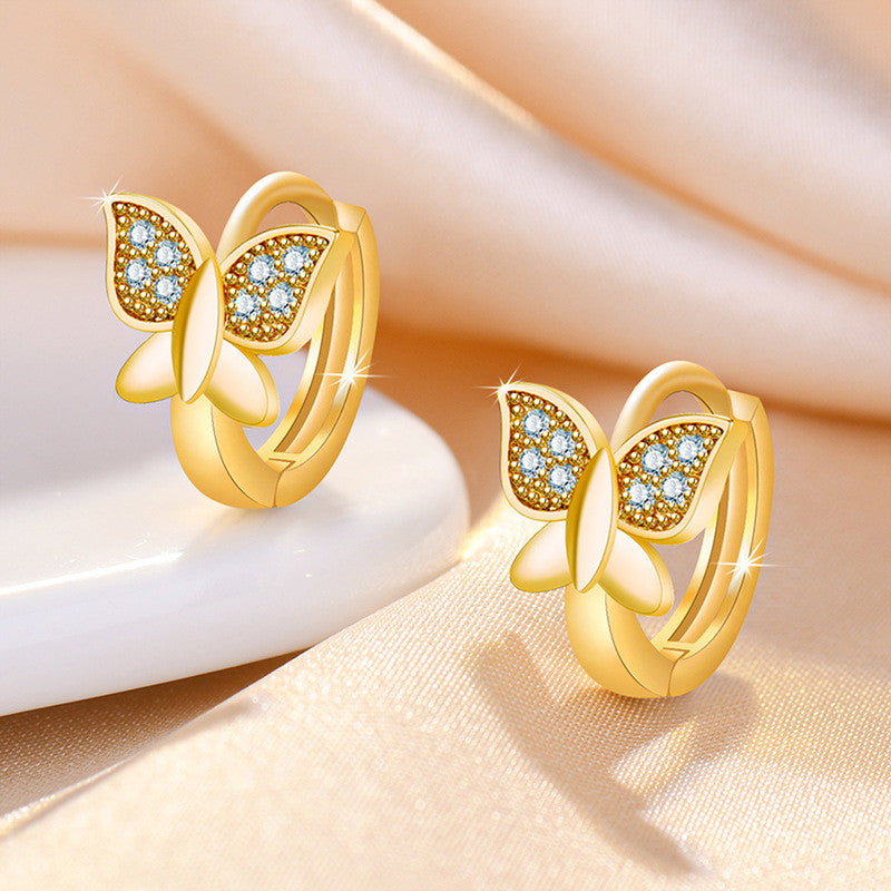 Jewels Galaxy Gold Plated American Diamond Studded Butterfly Shape Korean Hoop Earrings