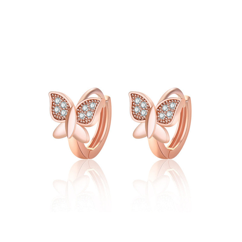 Jewels Galaxy Rose Gold Plated American Diamond Studded Butterfly Shape Korean Hoop Earrings