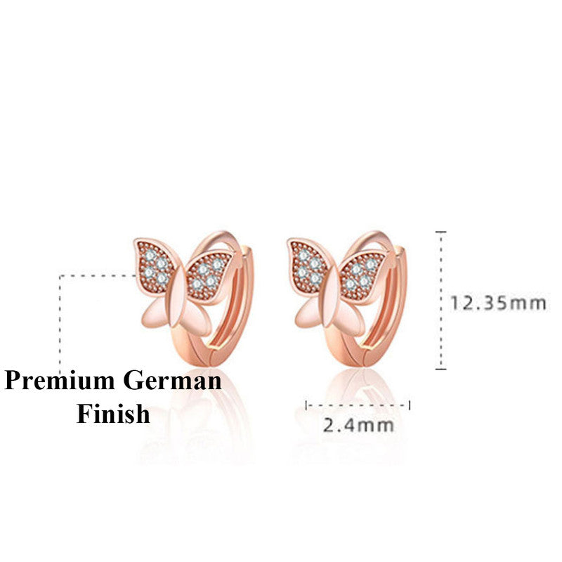 Jewels Galaxy Rose Gold Plated American Diamond Studded Butterfly Shape Korean Hoop Earrings