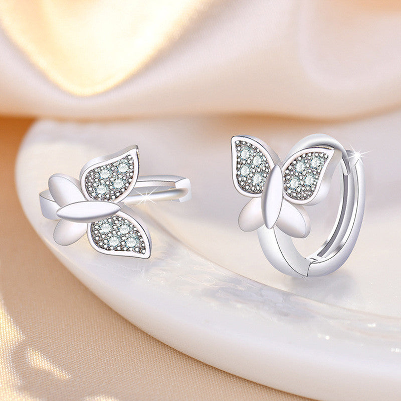 Jewels Galaxy Silver Plated American Diamond Studded Butterfly Shape Korean Hoop Earrings