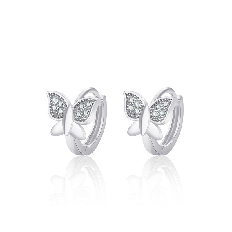 Jewels Galaxy Silver Plated American Diamond Studded Butterfly Shape Korean Hoop Earrings