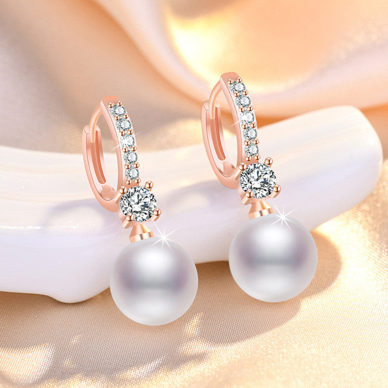 Jewels Galaxy Rose Gold Plated AD Studded Contemporary Pearl Korean Drop Earrings