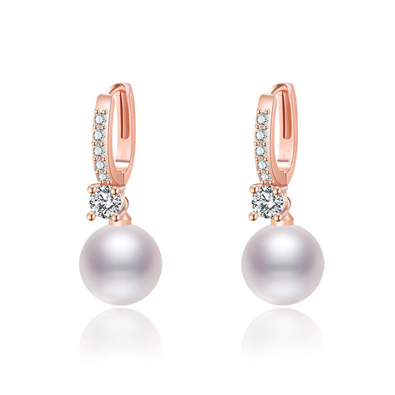 Jewels Galaxy Rose Gold Plated AD Studded Contemporary Pearl Korean Drop Earrings