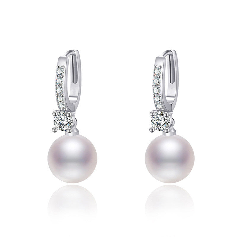 Jewels Galaxy Silver Plated American Diamond Studded Contemporary Pearl Korean Drop Earrings