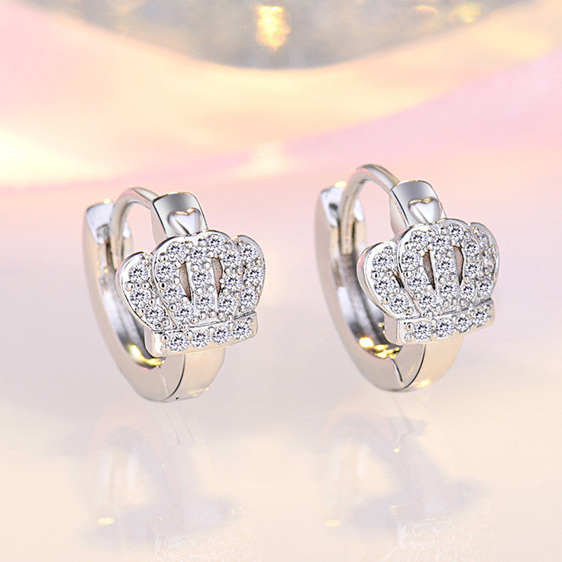 Jewels Galaxy Silver Plated American Diamond Studded Crown Shape Korean Hoop Earrings