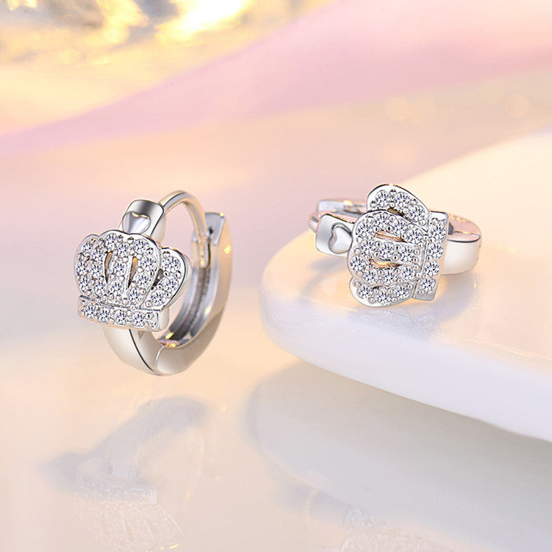 Jewels Galaxy Silver Plated American Diamond Studded Crown Shape Korean Hoop Earrings
