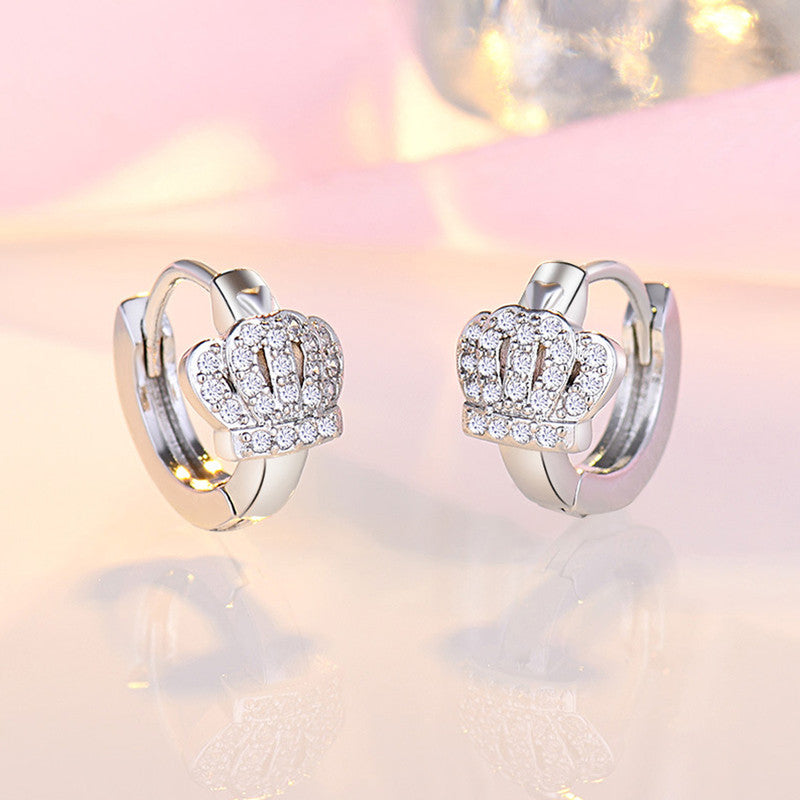 Jewels Galaxy Silver Plated American Diamond Studded Crown Shape Korean Hoop Earrings