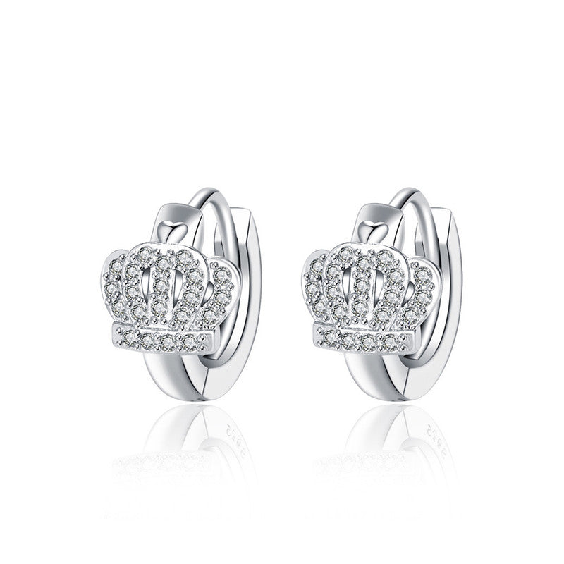 Jewels Galaxy Silver Plated American Diamond Studded Crown Shape Korean Hoop Earrings