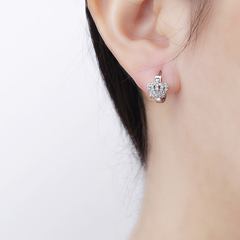 Jewels Galaxy Silver Plated American Diamond Studded Crown Shape Korean Hoop Earrings