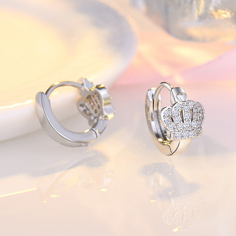 Jewels Galaxy Silver Plated American Diamond Studded Crown Shape Korean Hoop Earrings