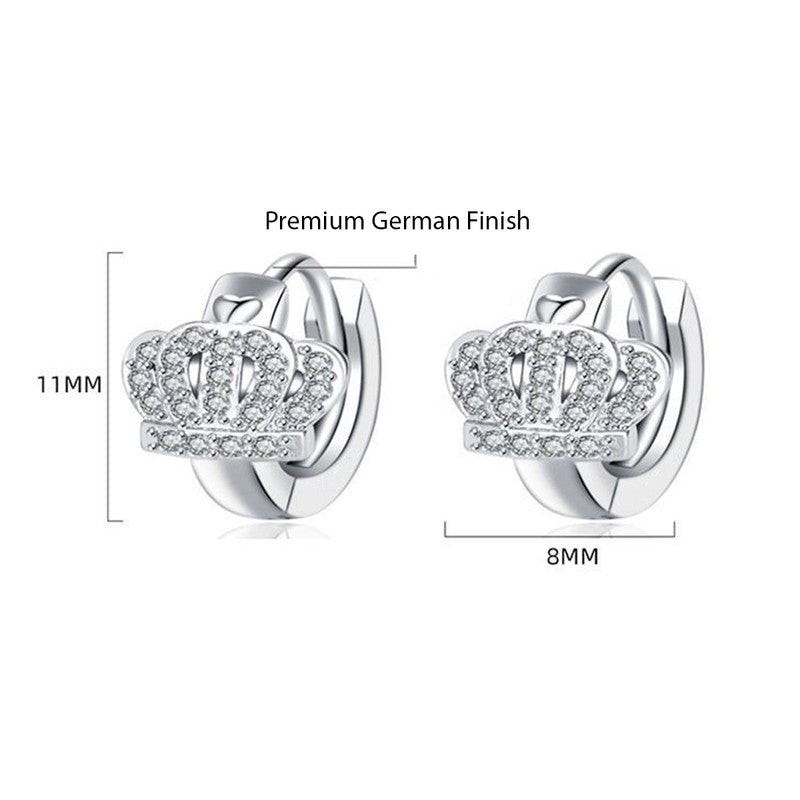 Jewels Galaxy Silver Plated American Diamond Studded Crown Shape Korean Hoop Earrings