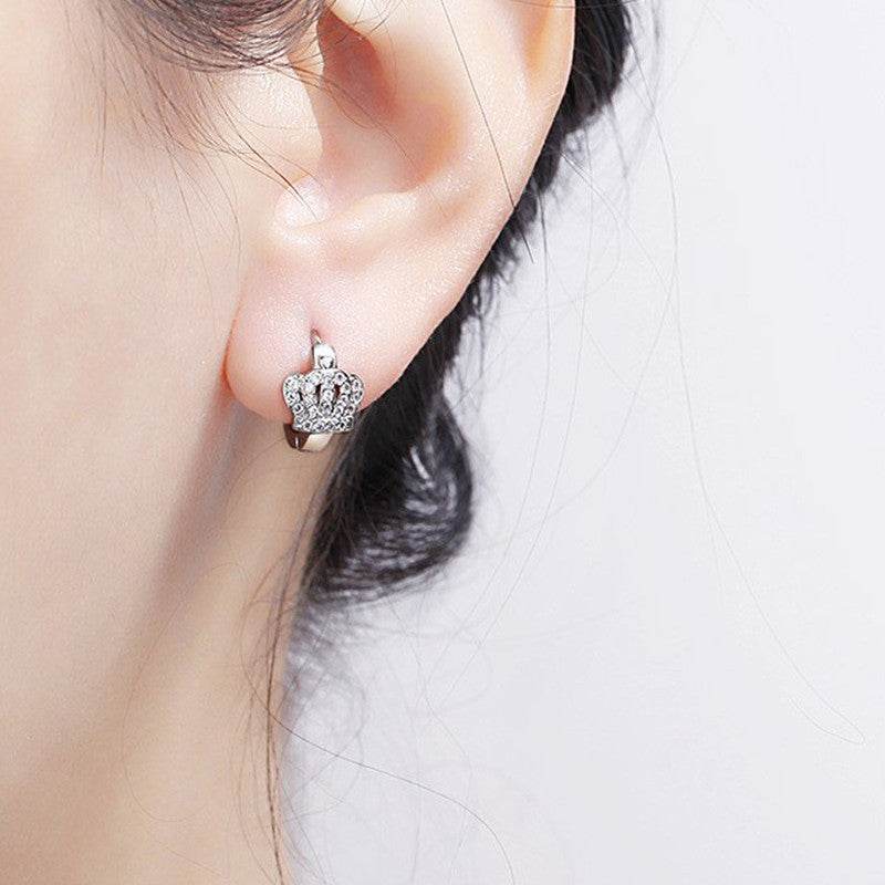 Jewels Galaxy Silver Plated American Diamond Studded Crown Shape Korean Hoop Earrings