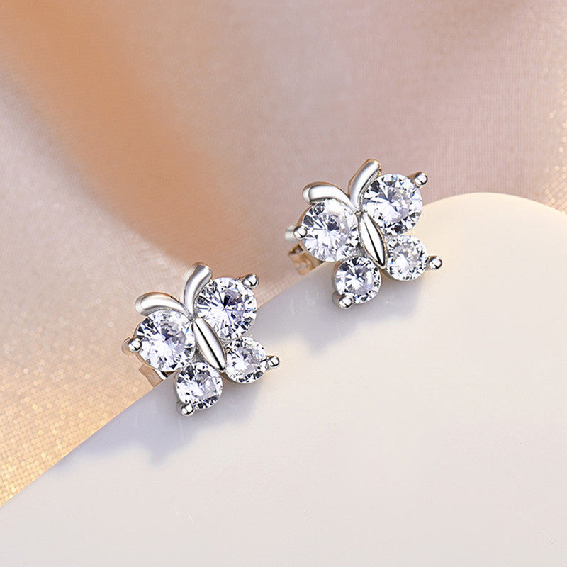 Jewels Galaxy Silver Plated American Diamond Studded Butterfly Shape Korean Hoop Earrings
