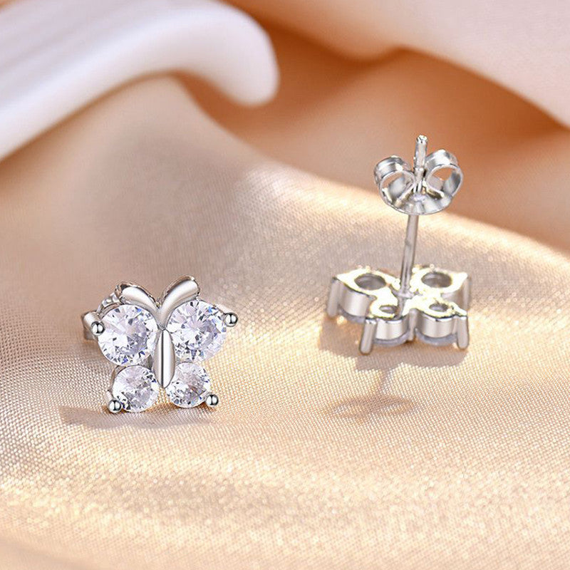 Jewels Galaxy Silver Plated American Diamond Studded Butterfly Shape Korean Hoop Earrings
