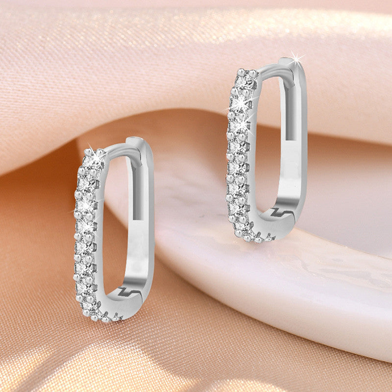 Jewels Galaxy Silver Plated American Diamond Studded Geometrical Korean Hoop Earrings