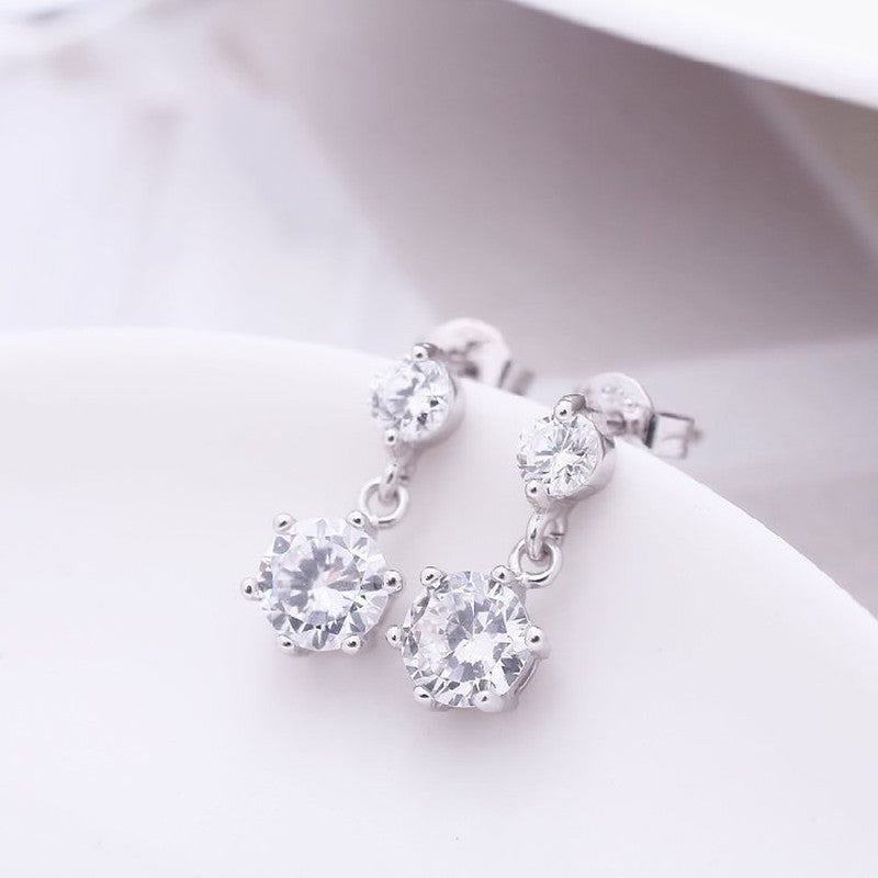 Jewels Galaxy Silver Plated American Diamond Studded Hexagon Shape Korean Drop Earrings
