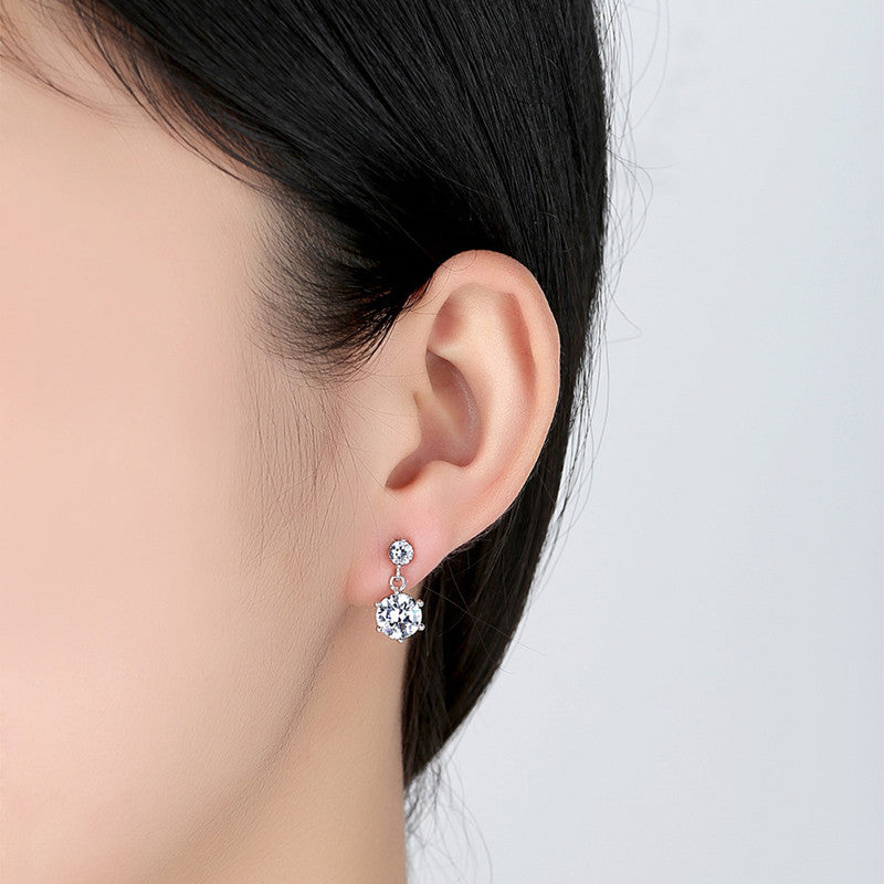 Jewels Galaxy Silver Plated American Diamond Studded Hexagon Shape Korean Drop Earrings