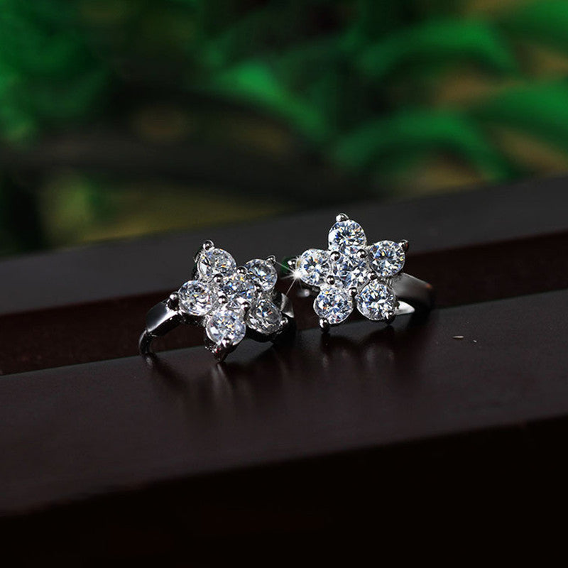 Jewels Galaxy Silver Plated American Diamond Studded Floral Korean Hoop Earrings