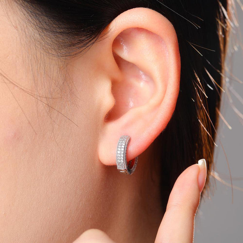 Jewels Galaxy Silver Plated Anti Tarnish CZ Studded Micro Inlay Hip Hop Hoop Earrings