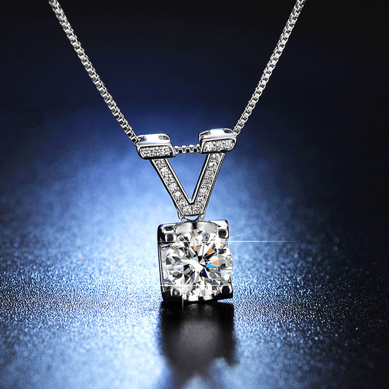 Jewels Galaxy Silver Plated Crystal Studded V Shape Circular Solitaire Pendant