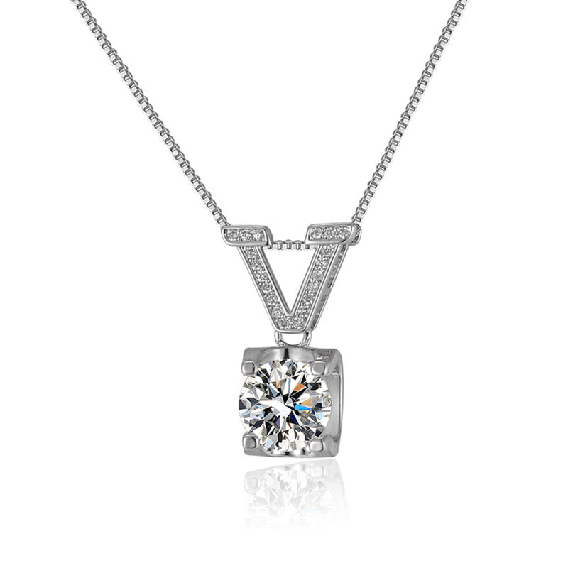 Jewels Galaxy Silver Plated Crystal Studded V Shape Circular Solitaire Pendant