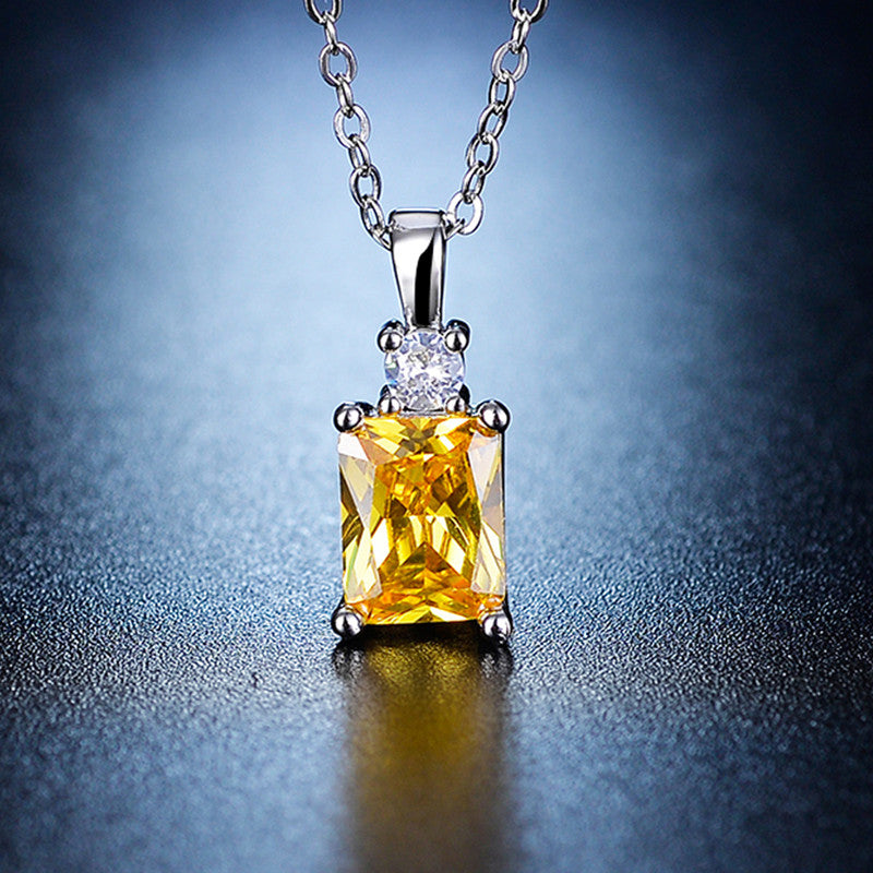 Jewels Galaxy Silver Plated Crystal Studded Geometrical Yellow Stone Anti Tarnish Solitaire Pendant