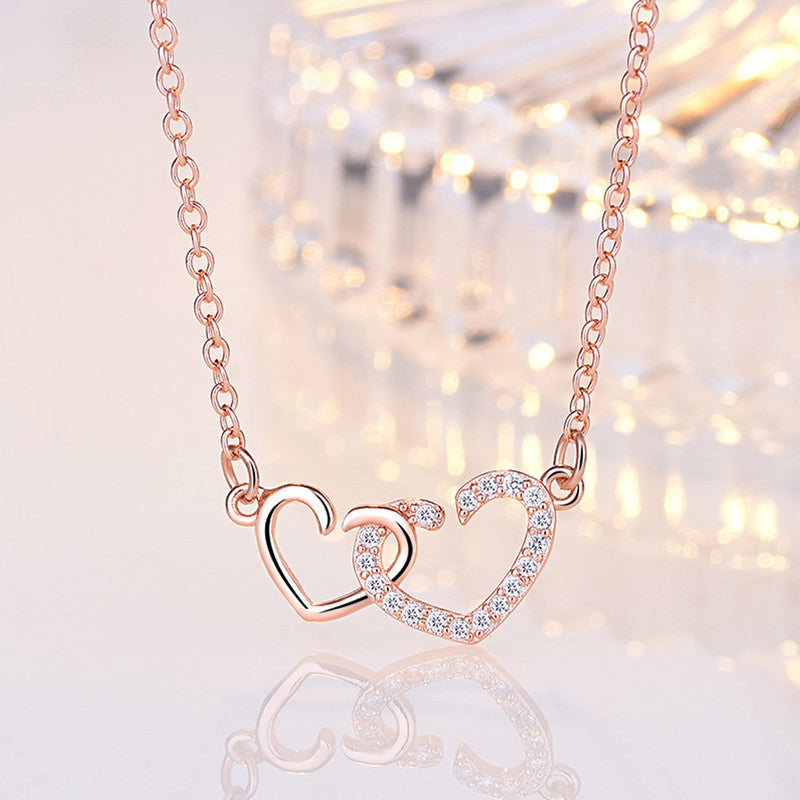 Jewels Galaxy Rose Gold Plated American Diamond Studded Dual Heart Contemporary Korean Pendant