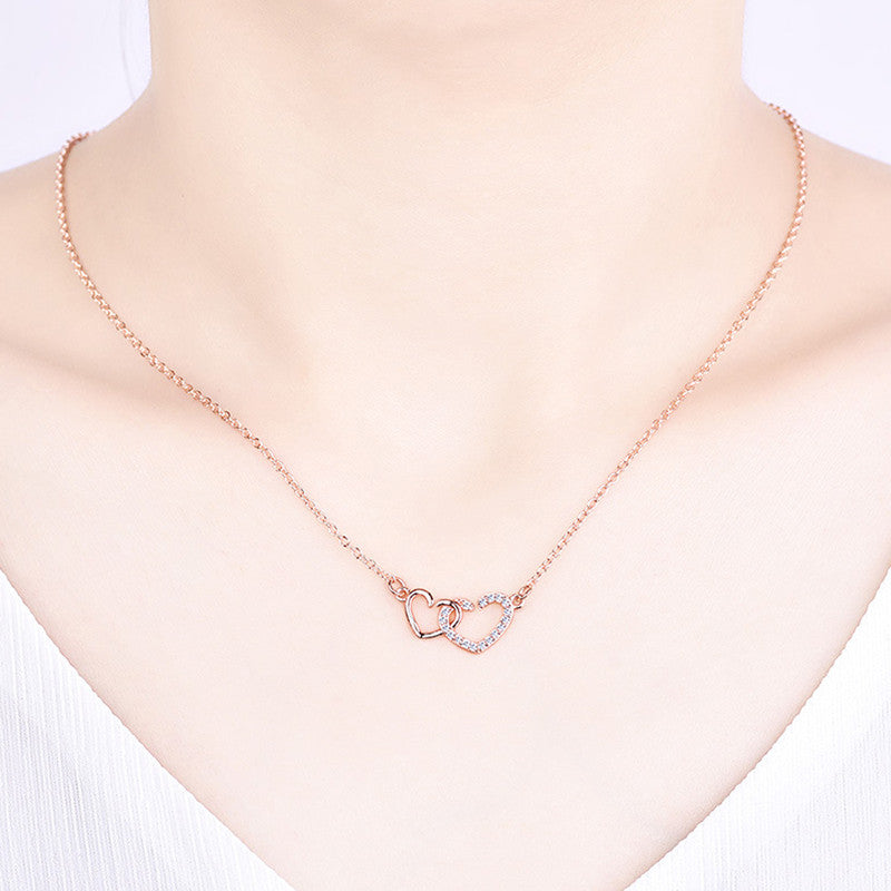 Jewels Galaxy Rose Gold Plated American Diamond Studded Dual Heart Contemporary Korean Pendant