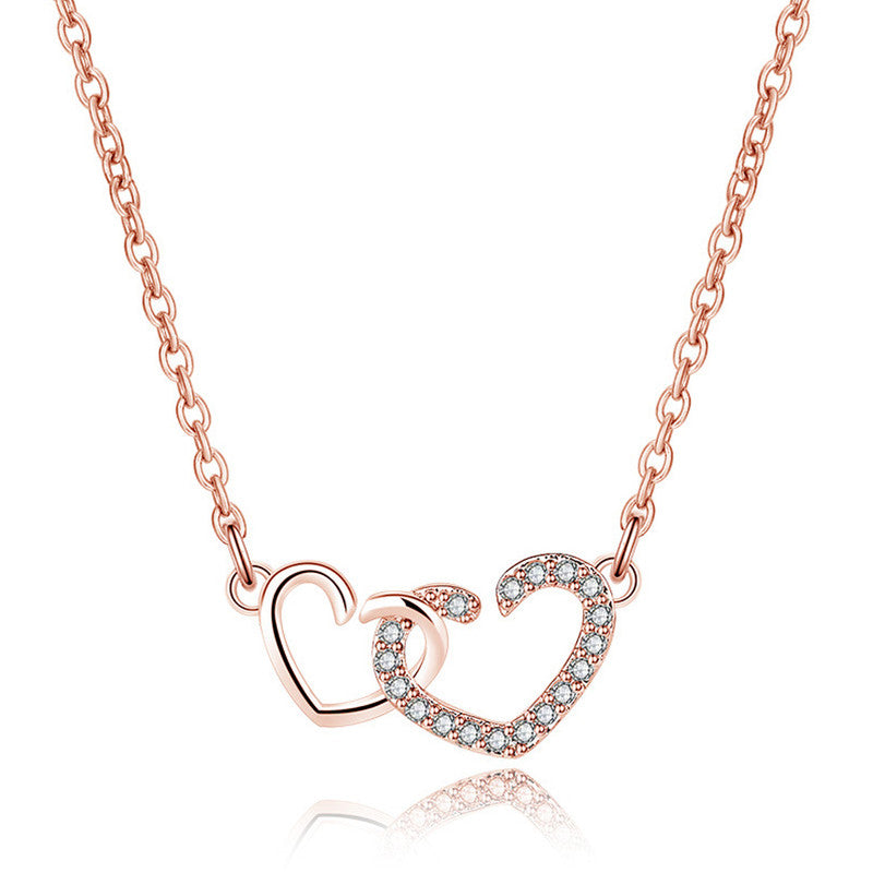 Jewels Galaxy Rose Gold Plated American Diamond Studded Dual Heart Contemporary Korean Pendant