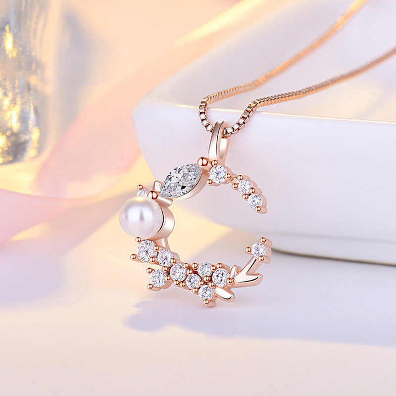 Jewels Galaxy Rose Gold Plated American Diamond Studded Moon Shape Contemporary Korean Pendant