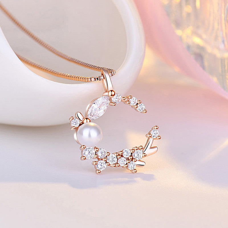 Jewels Galaxy Rose Gold Plated American Diamond Studded Moon Shape Contemporary Korean Pendant