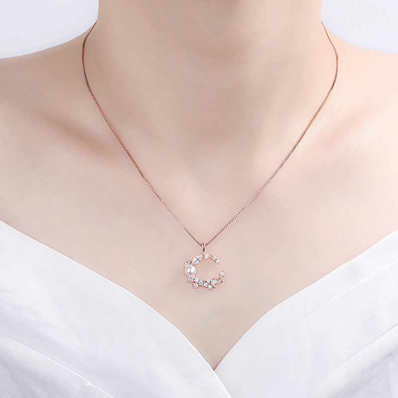 Jewels Galaxy Rose Gold Plated American Diamond Studded Moon Shape Contemporary Korean Pendant