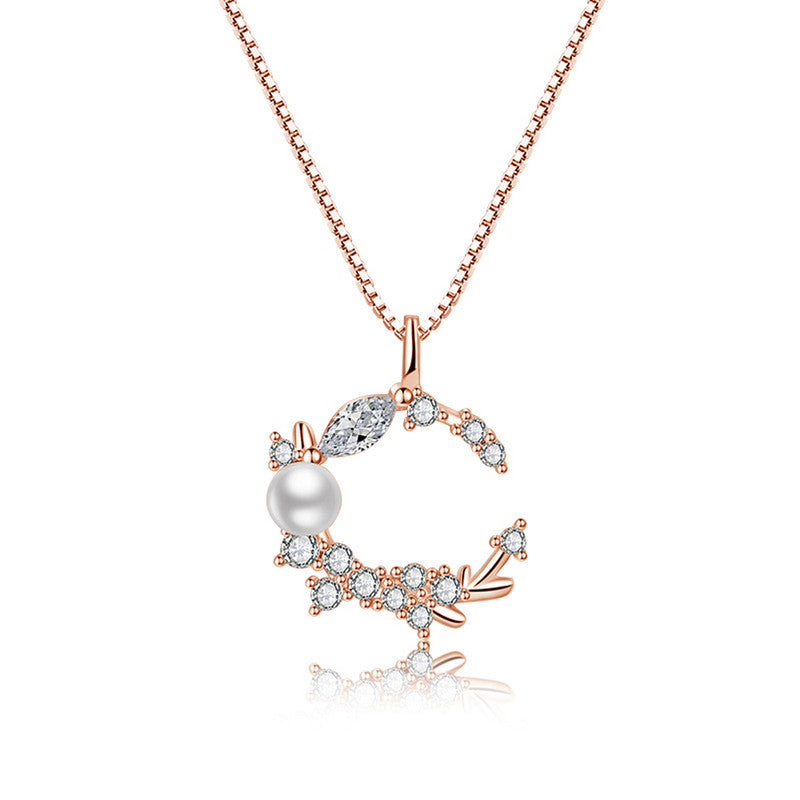 Jewels Galaxy Rose Gold Plated American Diamond Studded Moon Shape Contemporary Korean Pendant
