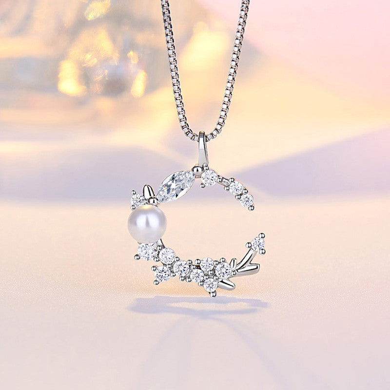 Jewels Galaxy Silver Plated American Diamond Studded Moon Shape Contemporary Korean Pendant