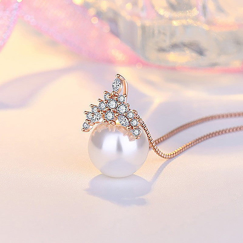 Jewels Galaxy Rose Gold Plated AD Studded Crown Like Pearl Studded Korean Pendant