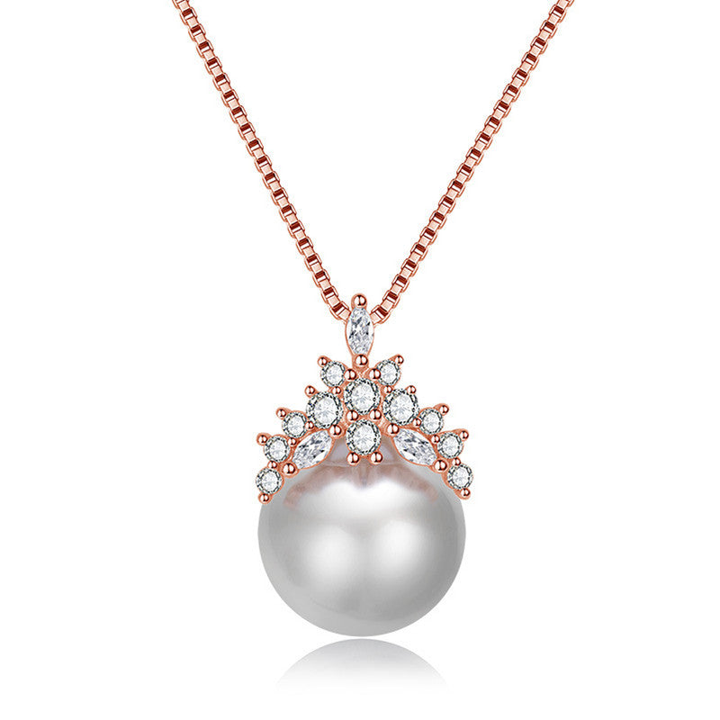 Jewels Galaxy Rose Gold Plated AD Studded Crown Like Pearl Studded Korean Pendant