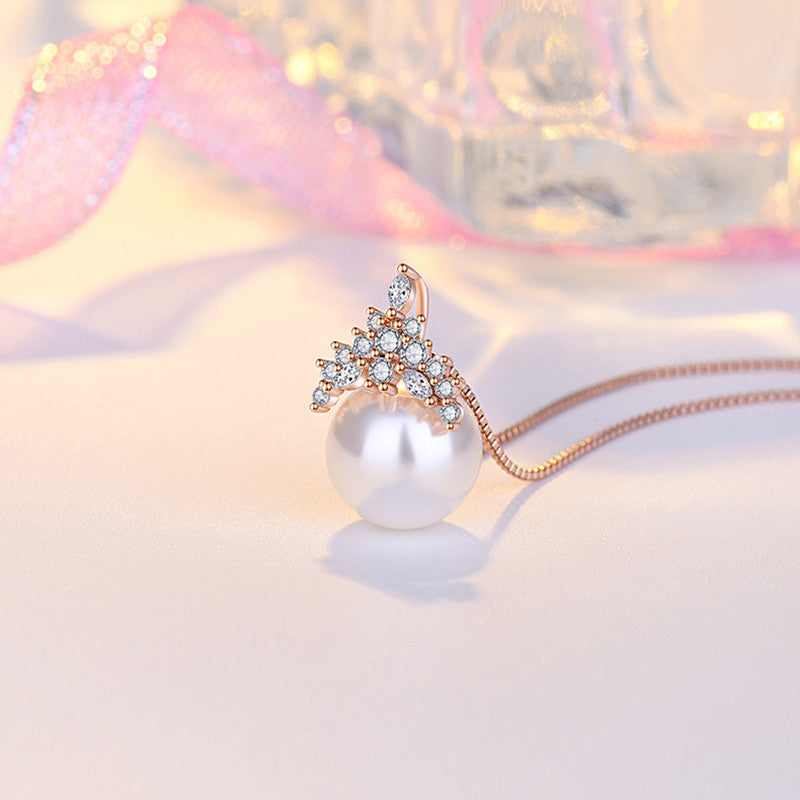Jewels Galaxy Rose Gold Plated AD Studded Crown Like Pearl Studded Korean Pendant