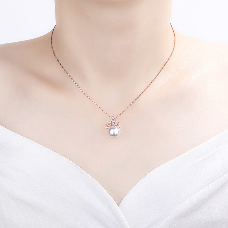 Jewels Galaxy Rose Gold Plated AD Studded Crown Like Pearl Studded Korean Pendant