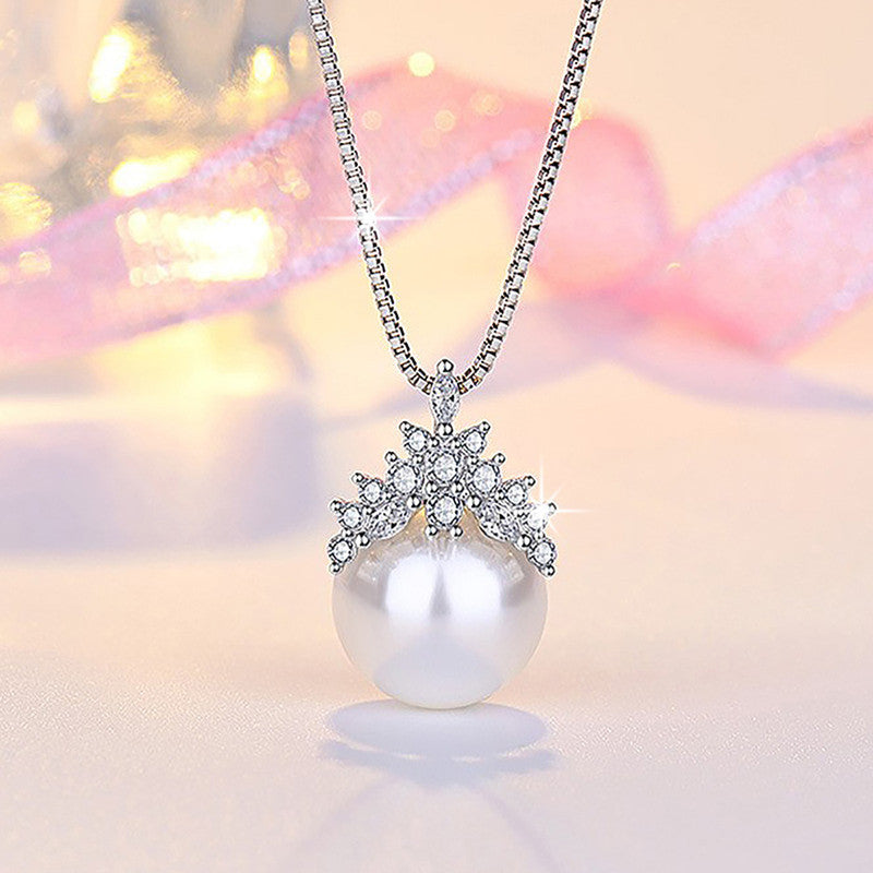 Jewels Galaxy Silver Plated American Diamond Studded Crown Like Pearl Studded Korean Pendant
