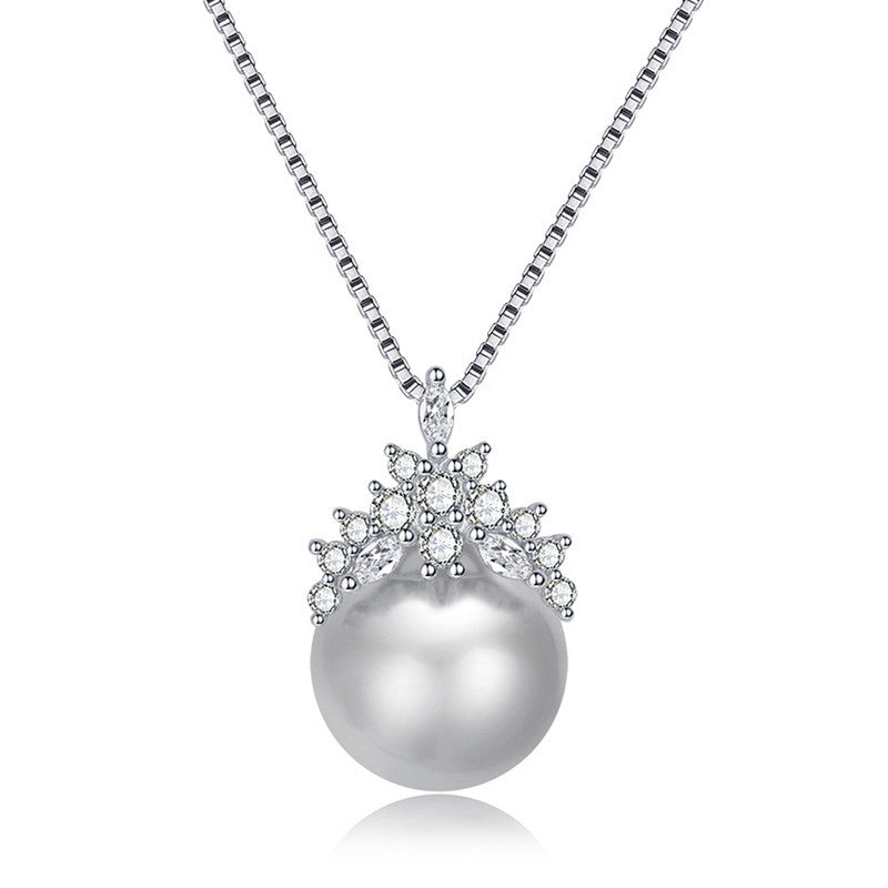 Jewels Galaxy Silver Plated American Diamond Studded Crown Like Pearl Studded Korean Pendant
