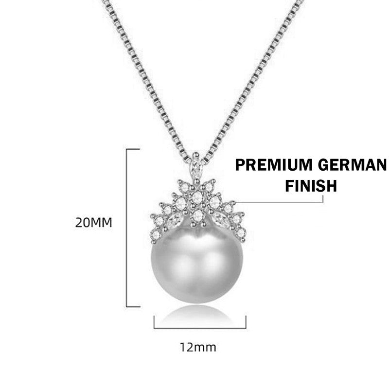 Jewels Galaxy Silver Plated American Diamond Studded Crown Like Pearl Studded Korean Pendant