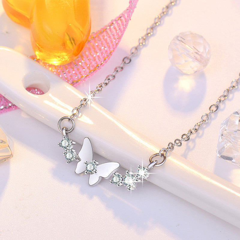 Jewels Galaxy Silver Plated American Diamond Studded Butterfly Themed Contemporary Pendant