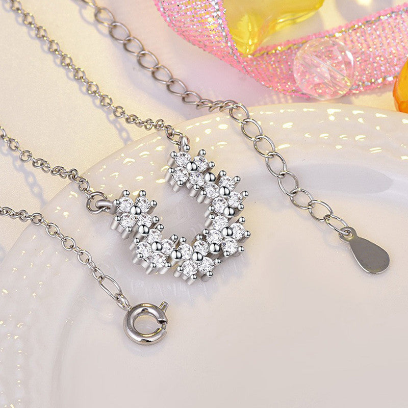 Jewels Galaxy Silver Plated American Diamond Studded Half Hoop Floral Pendant