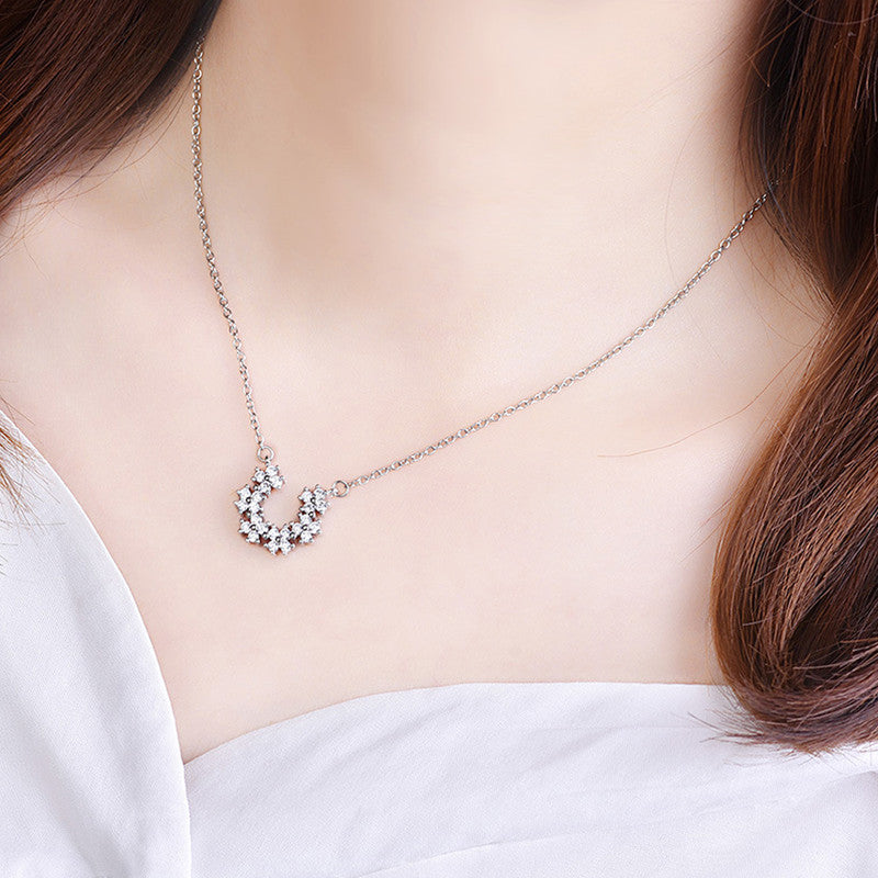 Jewels Galaxy Silver Plated American Diamond Studded Half Hoop Floral Pendant