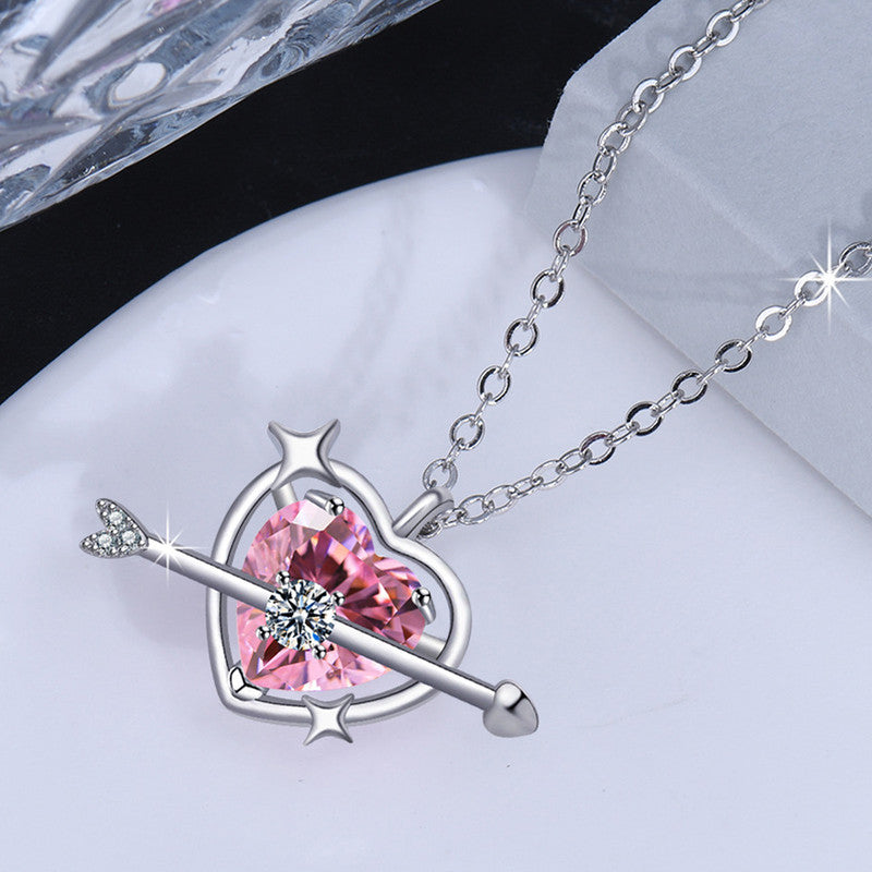 Jewels Galaxy Silver Plated American Diamond Studded Pink Heart Themed Pendant